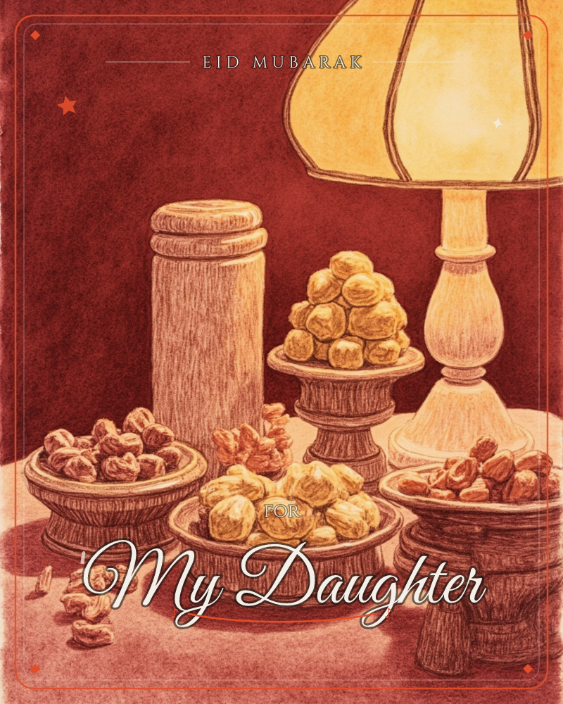 A warm still life shows a lamp glowing beside a cylindrical jar and several wooden bowls piled with dates, nuts, and pastries, all set on a deep red…, a eid e-card design