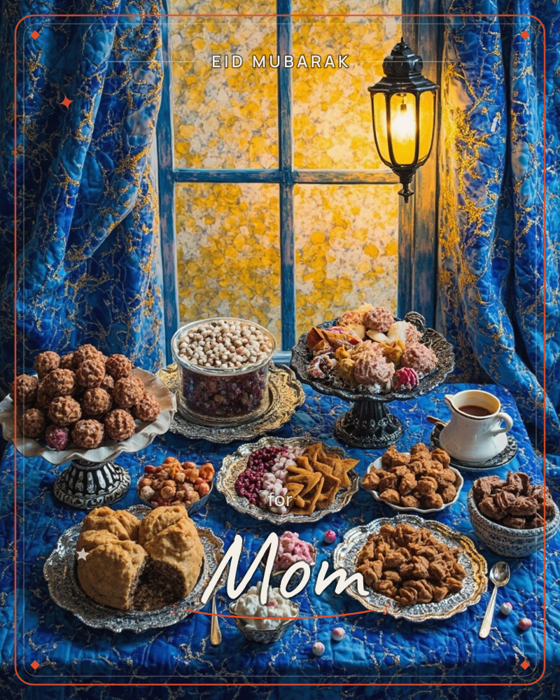 A window table is spread with an elaborate feast of sweets, breads, and pastries arranged on silver and glass dishes, all set against a deep blue…, a eid e-card design