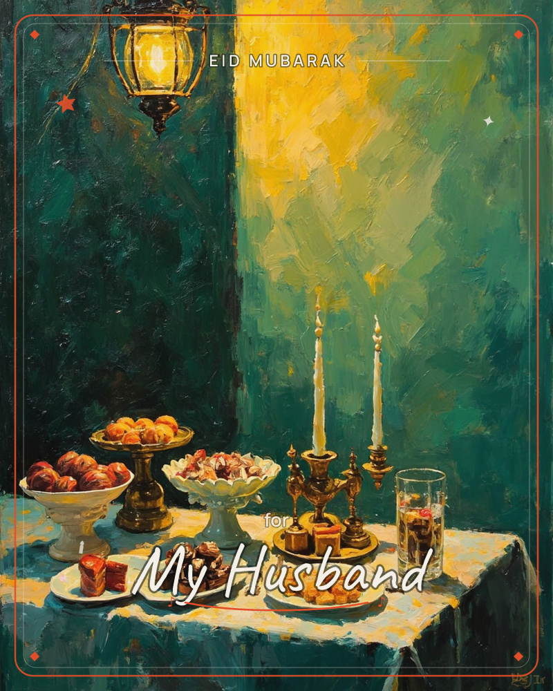 A richly painted still life shows a table laid with bowls of peaches, plates of chocolates and pastries, a glass of tea, and a brass double candlestick…, a eid e-card design