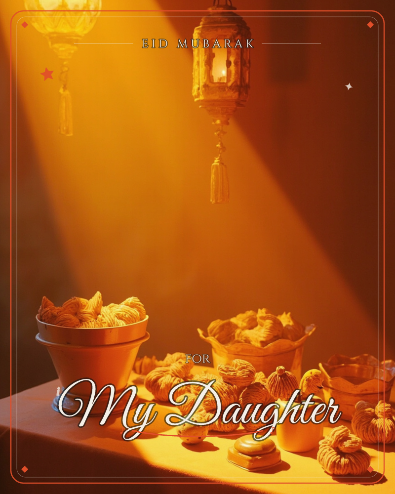 A table glows amber under a shaft of warm light, laden with bowls of piped, cookie-like sweets and small decorative jars, a eid e-card design