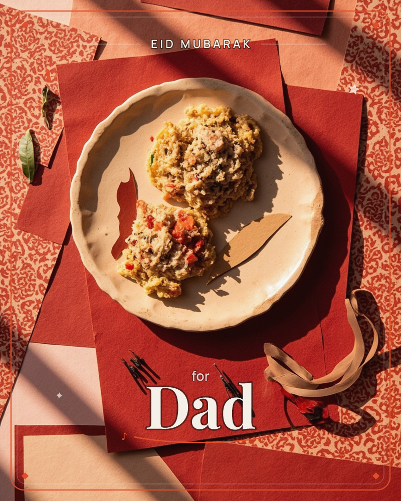 A cream ceramic plate holding two golden risotto-style cakes studded with red pepper and herbs sits atop a layered collage of red and rust-toned paper…, a eid e-card design