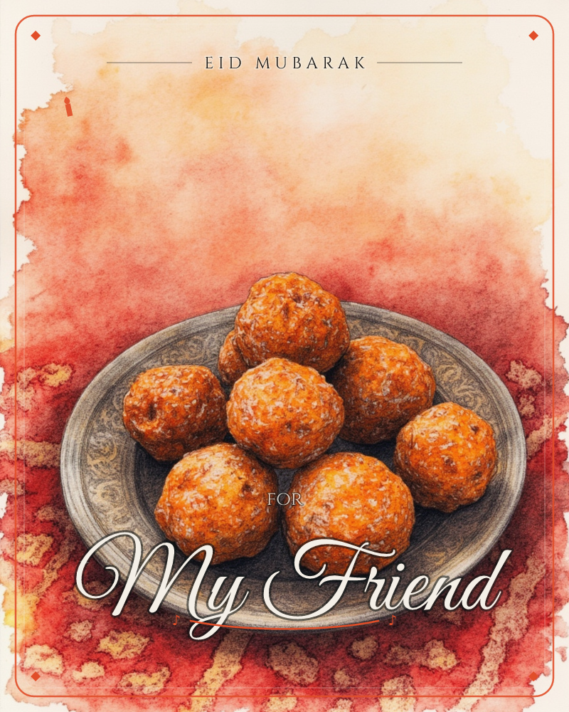 A stack of golden-orange fried sweets, textured and round, sits piled high on an ornately patterned metal plate, a eid e-card design