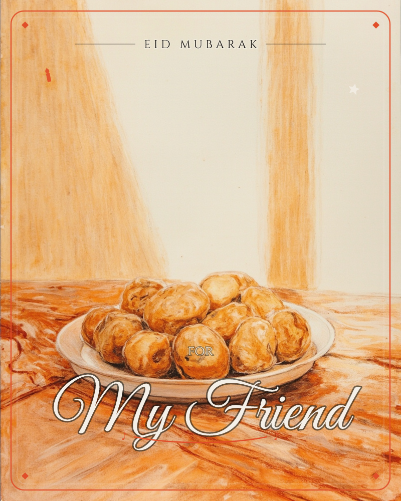 A white plate piled high with golden-brown roasted potatoes sits on a richly grained wooden table, painted in warm amber and rust tones, a eid e-card design