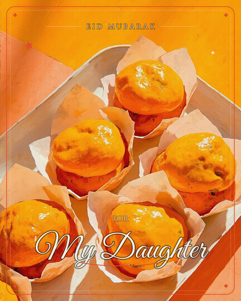 A tray of glossy orange muffins nestled in crinkled paper wrappers, photographed close-up against a bold orange background, a eid e-card design