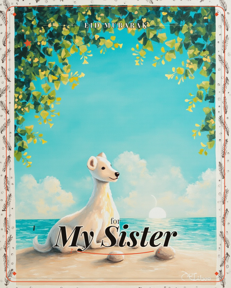A white fox-like creature sits calmly on a sandy shore, framed by a canopy of green and yellow leaves overhead and a pale sun glowing on the turquoise…, a eid e-card design