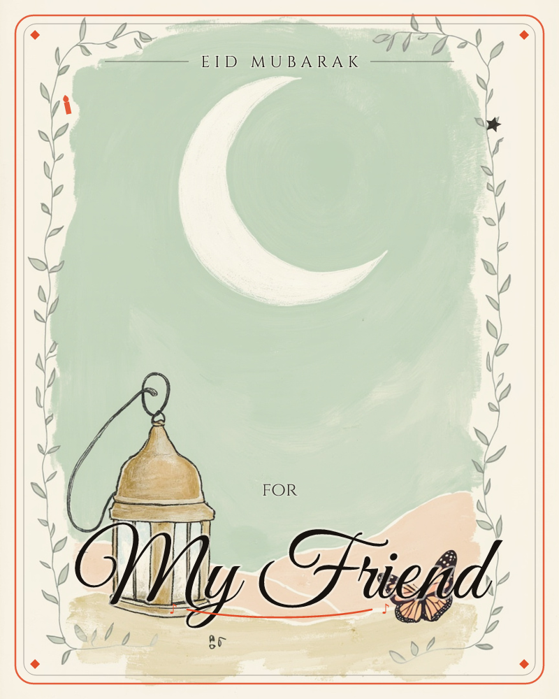 A soft sage-green sky holds a large white crescent moon above rolling peach-toned dunes, with a golden lantern and an orange butterfly resting quietly…, a eid e-card design