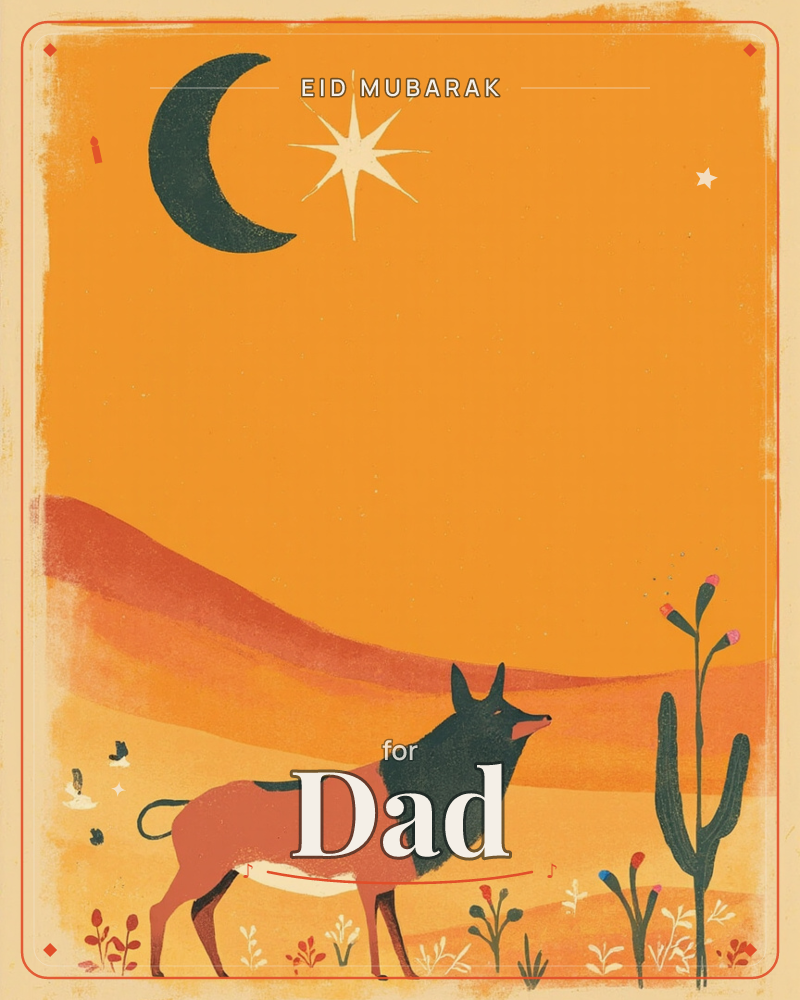 A coyote stands howling in a desert landscape washed entirely in warm orange, with a dark crescent moon and a bright starburst hanging in the sky above…, a eid e-card design
