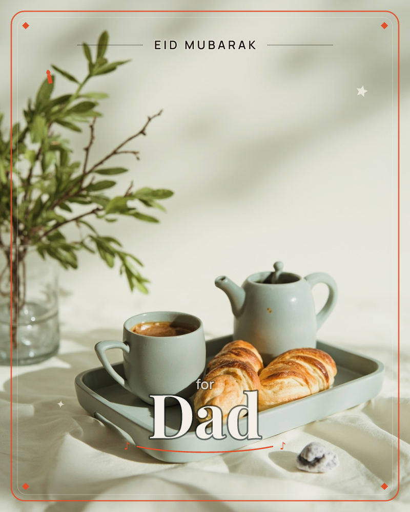 A soft sage-green tray holds a small teapot, a filled espresso cup, and two golden croissants, set on rumpled white linen with a glass vase of leafy…, a eid e-card design