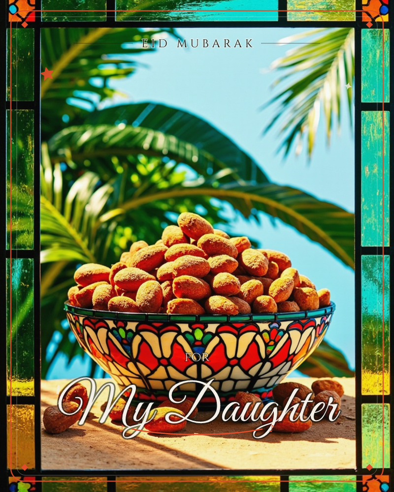 A stained-glass style border frames a photograph of a decorative mosaic-patterned bowl piled high with spiced, coated almonds, sitting on a sunlit…, a eid e-card design