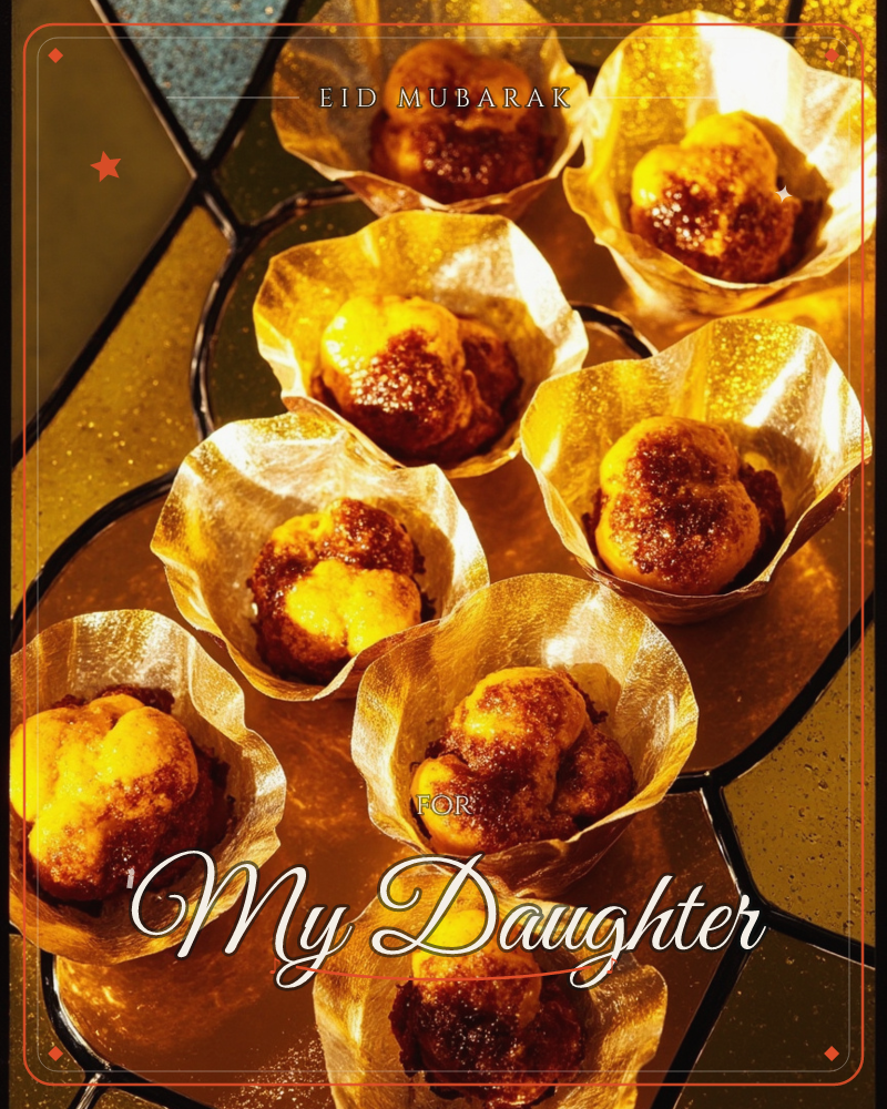 A cluster of golden, crinkled foil cups each hold a caramelised, sugar-dusted pastry with a deep amber-brown top, a eid e-card design