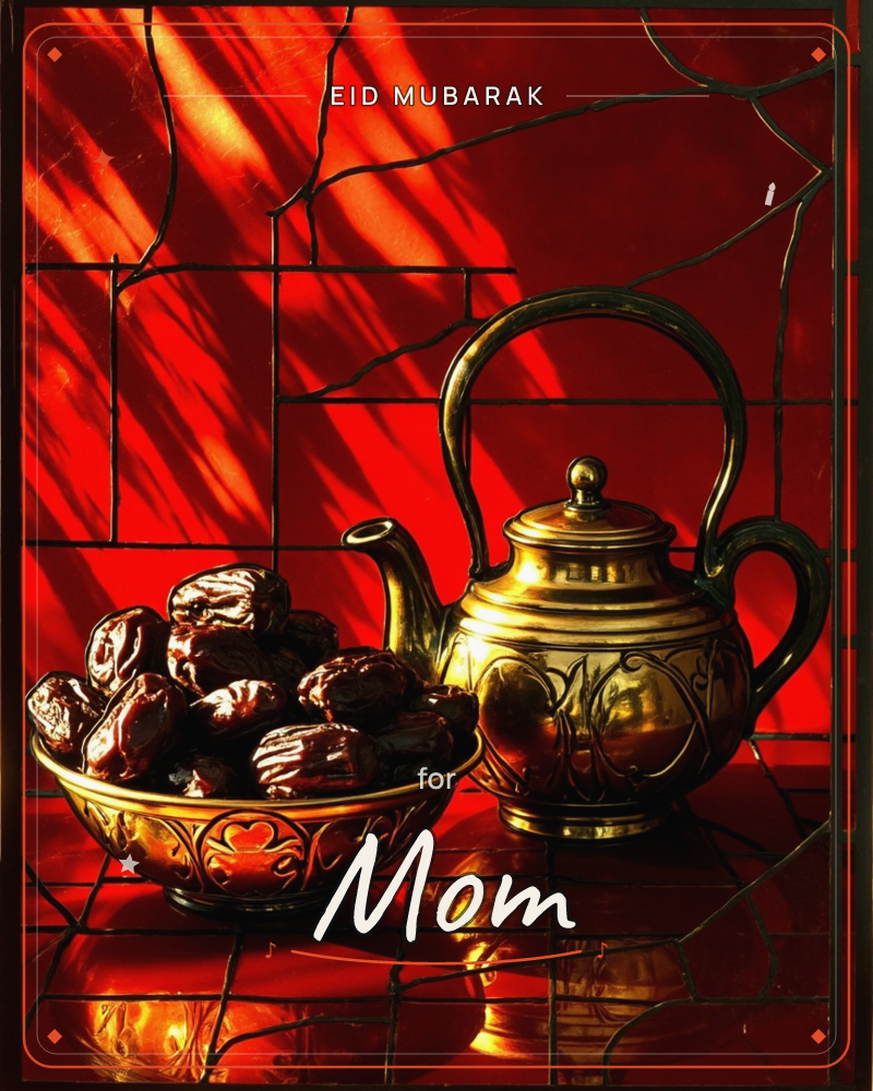 A brass teapot with an ornate engraved handle sits beside a matching bowl heaped with dates, both glowing on a dark tiled surface against a deep red…, a eid e-card design