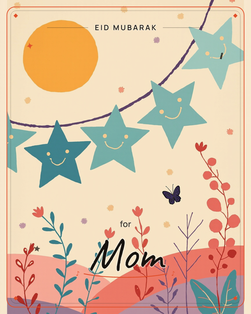 A cheerful garland of smiling teal stars swags across a cream sky beside a plump orange sun, while a small dark butterfly drifts over rolling hills of…, a eid e-card design