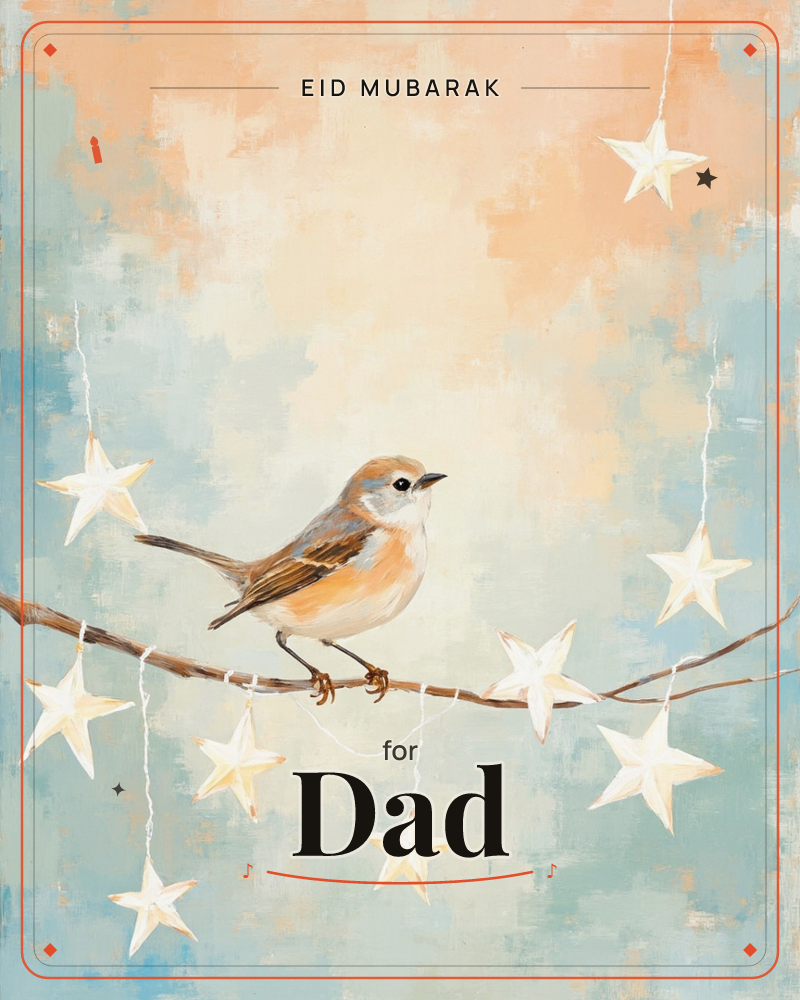 A small orange-breasted bird perches on a slender branch strung with hanging white star lights, set against a soft painterly sky that blends peach…, a eid e-card design