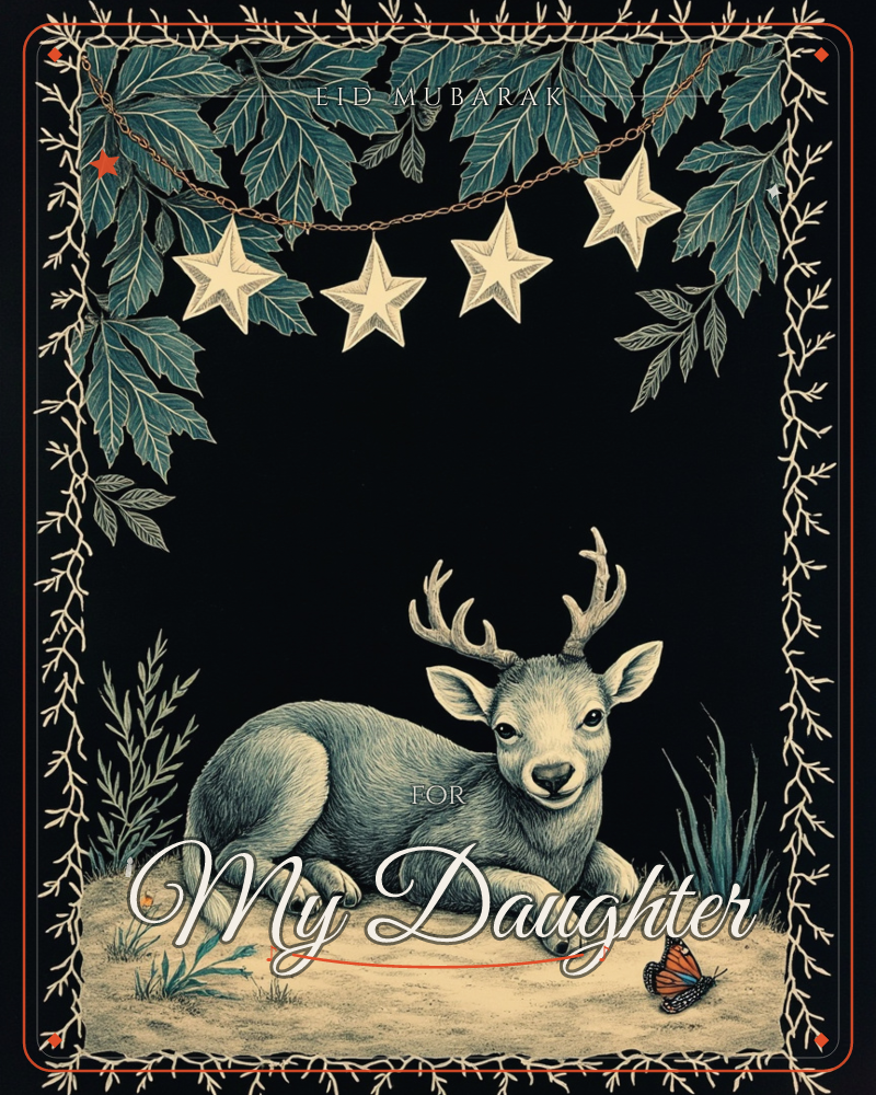 A young antlered deer lies curled on sandy ground against a deep black night background, gazing out with gentle eyes as a monarch butterfly rests nearby, a eid e-card design
