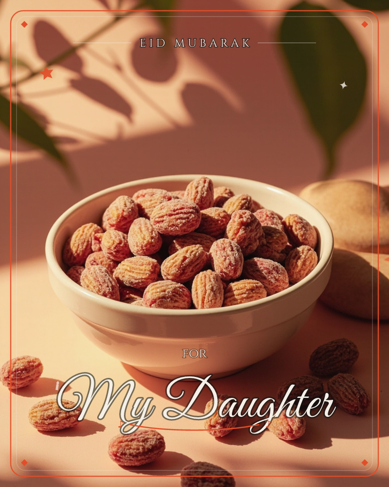 A white bowl brims with textured, sugar-dusted almonds, some scattered loose across a warm blush-toned surface, a eid e-card design