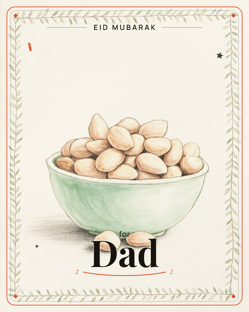 A pale green bowl sits piled high with almonds, two loose ones dropped on the table beside it, all rendered in soft coloured pencil, a eid e-card design