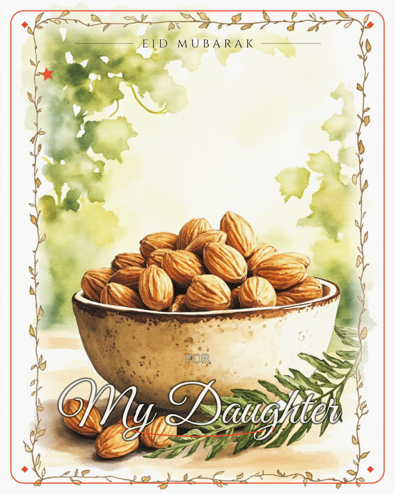 A speckled ceramic bowl overflows with whole almonds, painted in warm watercolour washes against a soft blurred backdrop of leafy green light, a eid e-card design