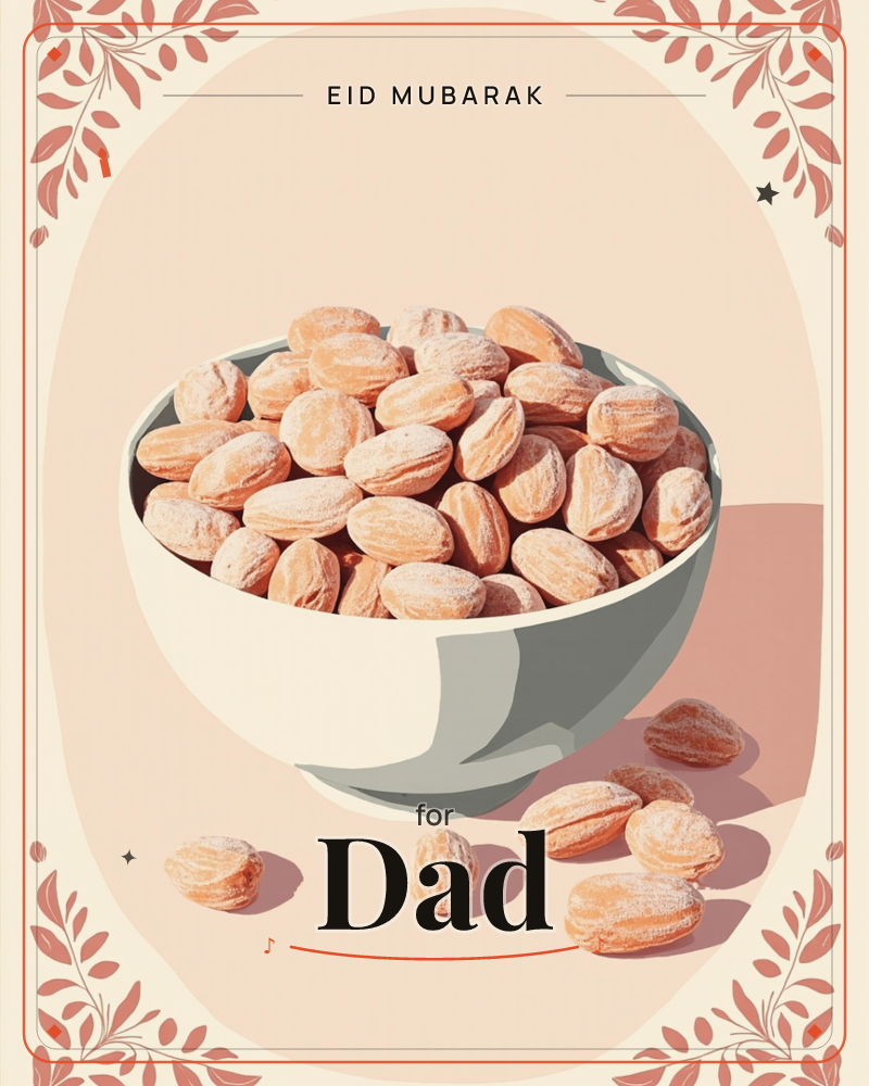 A pale blue-grey bowl sits piled high with almonds, their textured shells rendered in warm terracotta and cream tones, a few scattered loose on the…, a eid e-card design