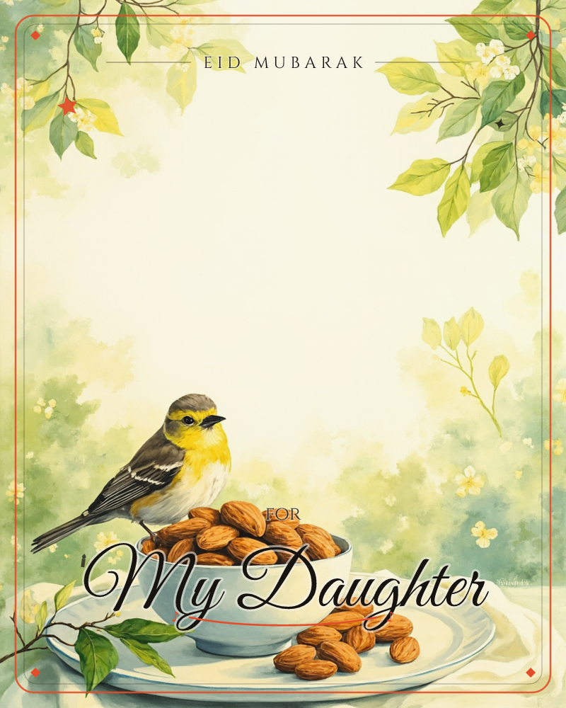 A small yellow-breasted bird perches on the rim of a white bowl brimming with almonds, set on a matching plate scattered with a few loose nuts, a eid e-card design