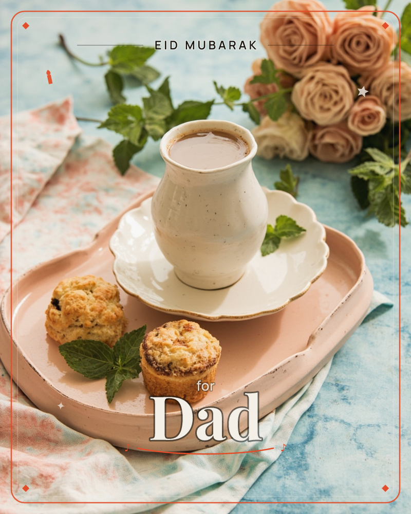 A rustic ceramic mug of coffee sits on a scalloped-edge saucer atop a blush pink tray, flanked by two golden-baked pastries and sprigs of fresh mint, a eid e-card design
