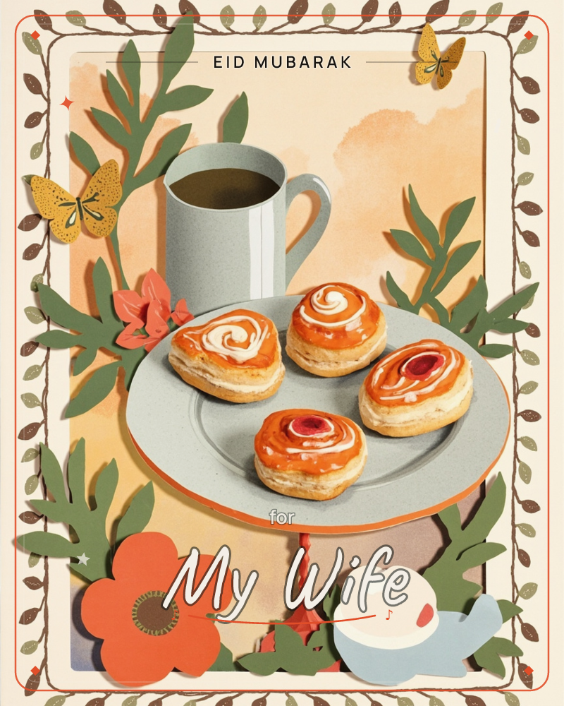 A layered paper-cut still life shows a cake stand piled with heart-shaped iced pastries beside a steaming mug of coffee, framed by cut-paper leaves…, a eid e-card design