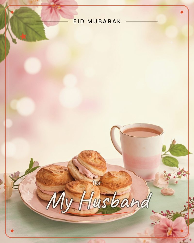 A pink china plate holds four scones filled with pale pink cream, sitting beside a mug of milky tea on a soft mint-green tabletop, a eid e-card design