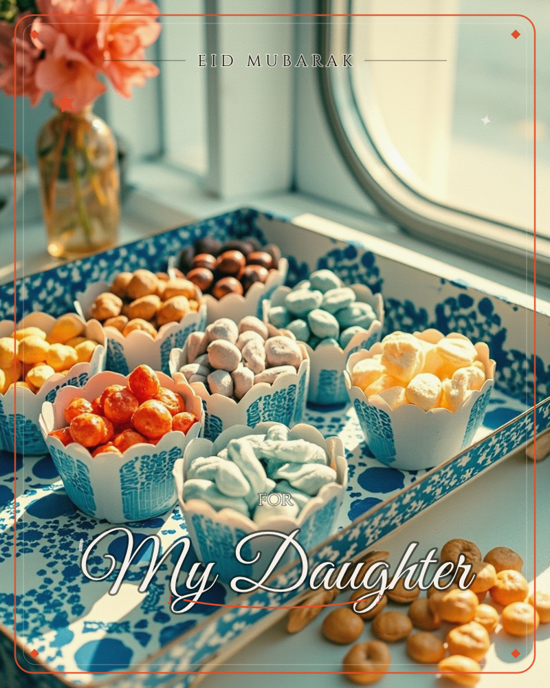 A blue-and-white patterned tray sits on a sunlit windowsill, filled with scalloped paper cups holding an assortment of sweets, puffed cereals…, a eid e-card design