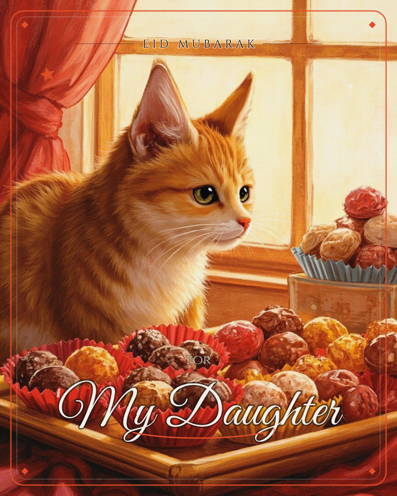 An orange tabby cat sits beside a wooden tray crowded with paper-cupped chocolate truffles, gazing off toward a sunlit window framed by a red curtain, a eid e-card design