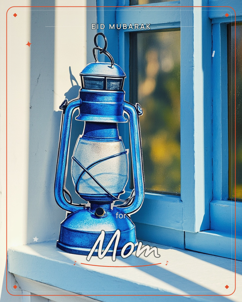 An old-fashioned metal lantern in glossy blue tones sits on a white windowsill beside a blue-painted window frame, sunlight casting long shadows across…, a eid e-card design