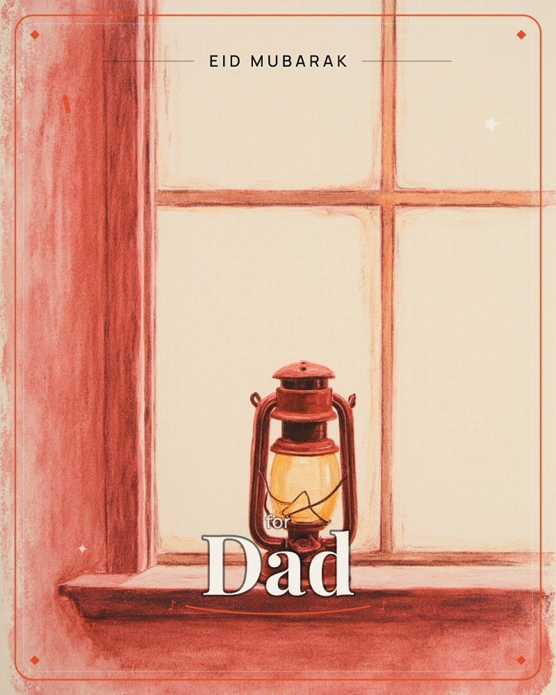 An old-fashioned lantern glows softly on a wooden windowsill, its warm flame set against a four-paned window washed in rosy red tones, a eid e-card design