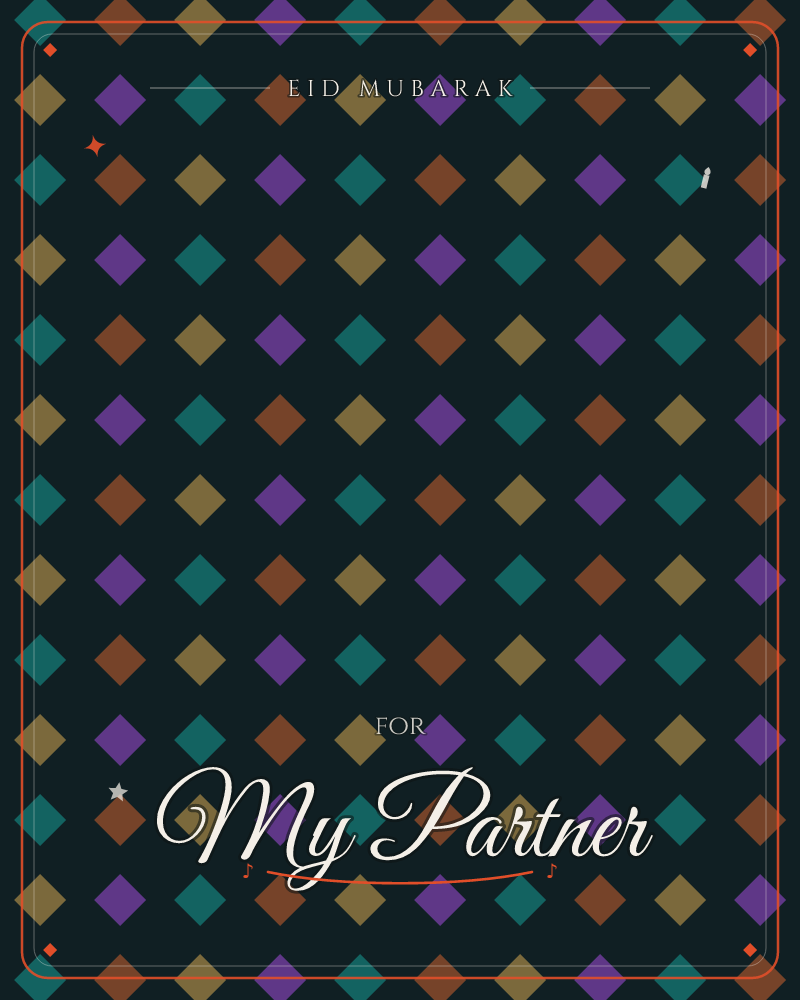 A dark teal background is covered edge to edge in a diamond harlequin pattern, each diamond glowing softly in rust orange, mustard gold, teal, or purple, a eid e-card design by @DittyCityTeam