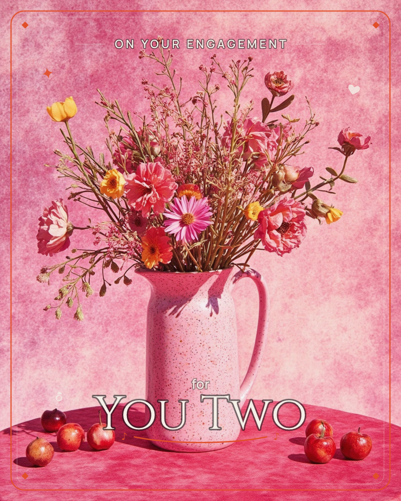 A speckled pink ceramic pitcher overflows with a wild mix of pink, coral and yellow blooms and wispy sprigs, set against a mottled pink backdrop, a engagement e-card design