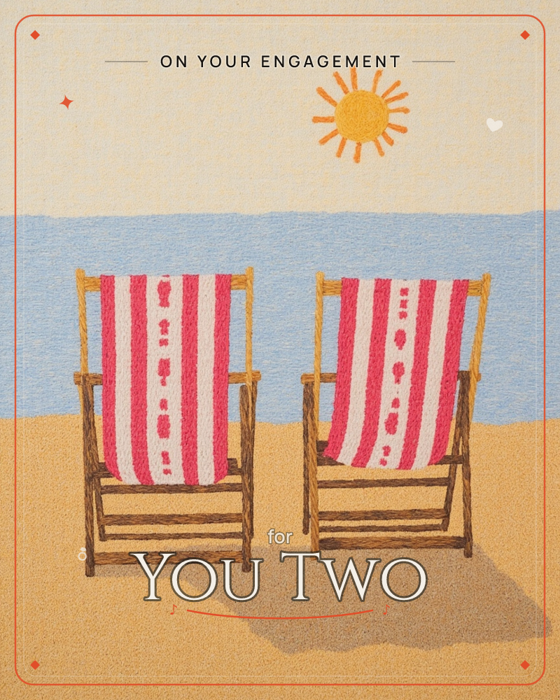 Two empty deckchairs with red and white striped canvas sit side by side on a sandy beach, facing a pale blue sea under a stitched yellow sun, a engagement e-card design