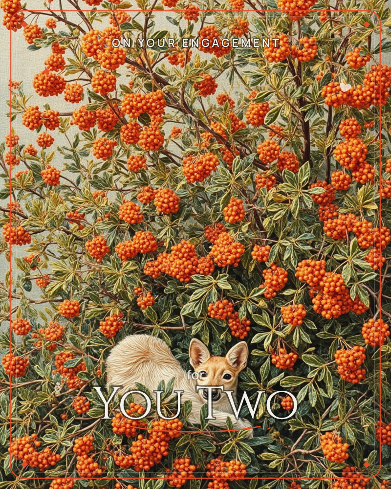 A small fox-eared dog peers out from beneath a dense pyracantha bush loaded with clusters of bright orange berries and dark green leaves, a engagement e-card design