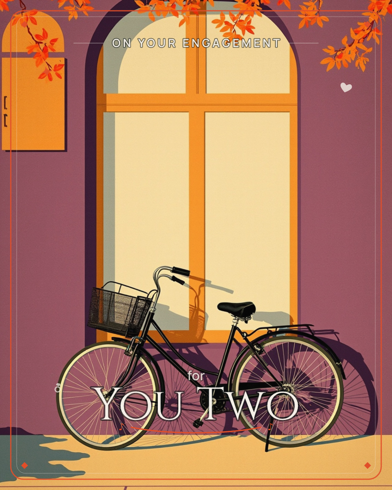 A bicycle with a wire front basket leans against a mauve wall beneath a tall arched window glowing amber from within, a engagement e-card design