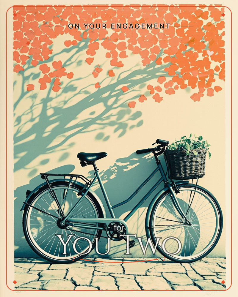A vintage bicycle with a woven basket of trailing greenery leans against a pale wall, its long shadow stretched across cracked cobblestones, a engagement e-card design