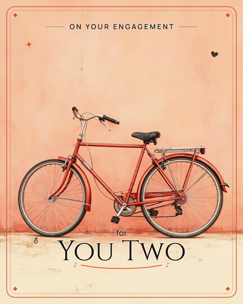 A vintage red bicycle leans against a weathered salmon-pink wall, its chrome handlebars and worn leather seat catching soft, even light, a engagement e-card design