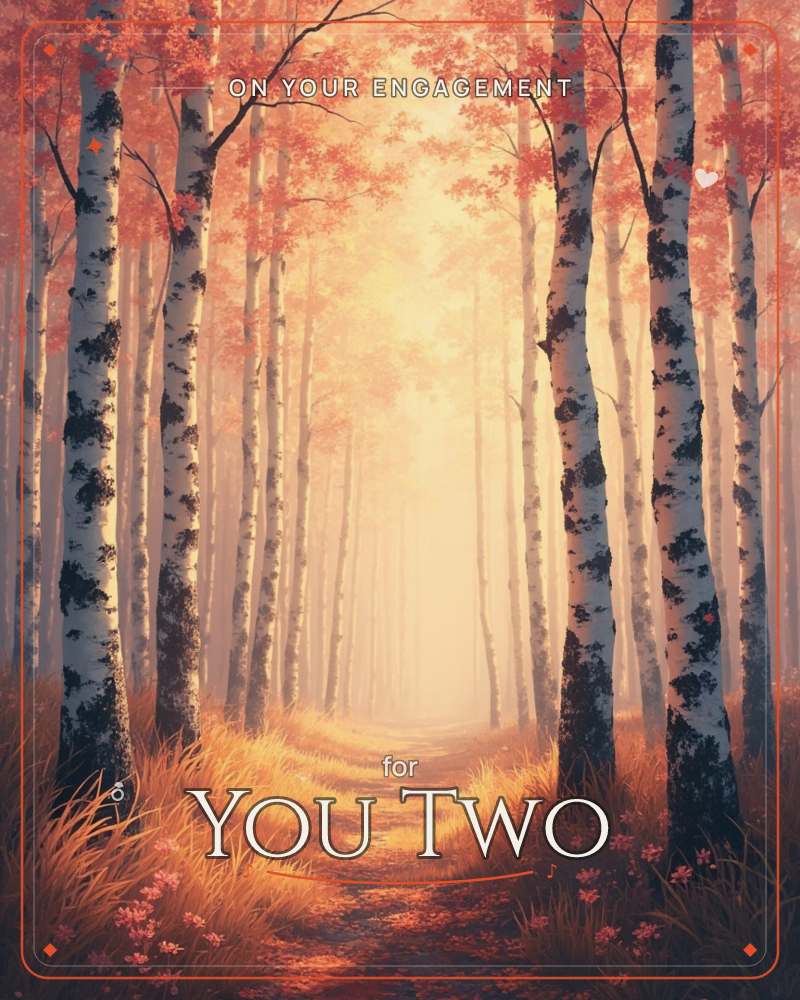 A path winds through a birch forest glowing with autumn light, white trunks marked with dark streaks standing in rows on either side, a engagement e-card design