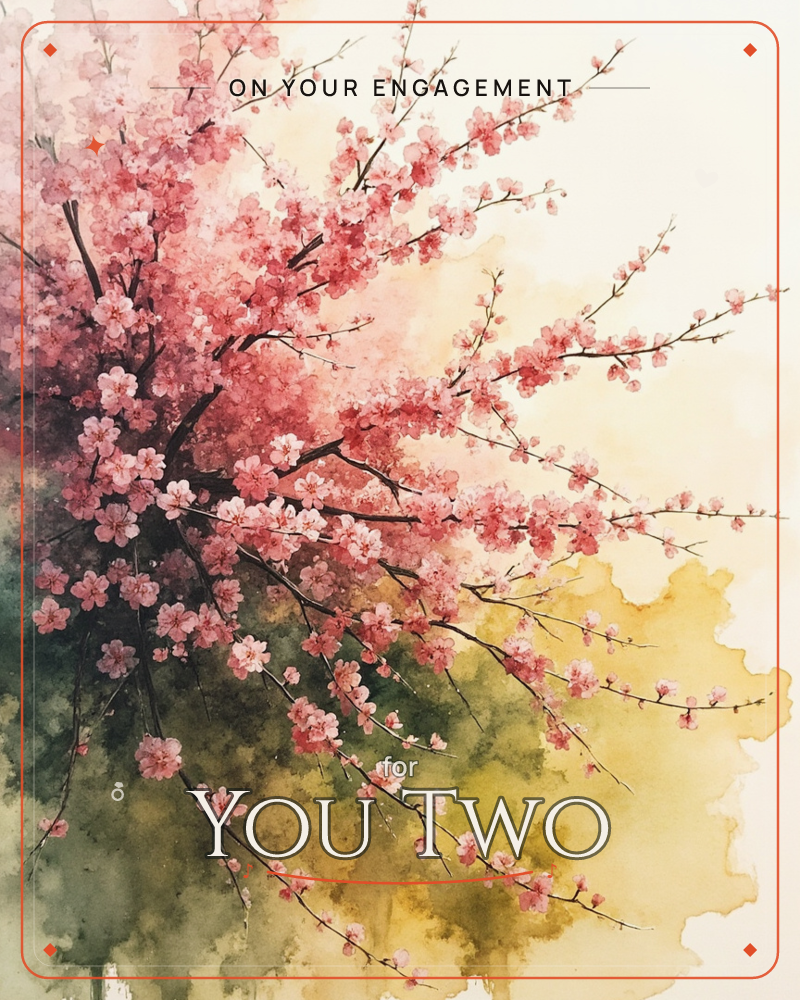 A cherry blossom branch spreads across the page, dense with pink flowers that thin out into delicate sprigs at the edges, a engagement e-card design