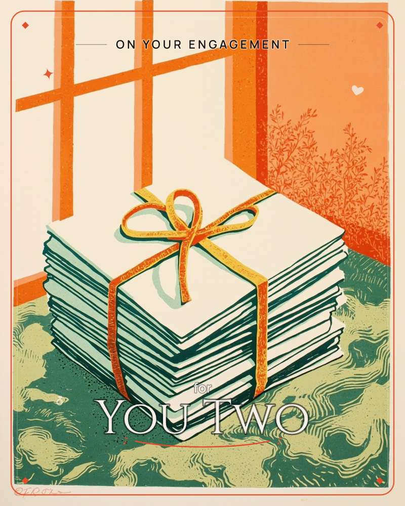 A tall stack of cream paper or envelopes sits tied with a bold orange ribbon bow, positioned in front of a window with a bright orange frame, a engagement e-card design