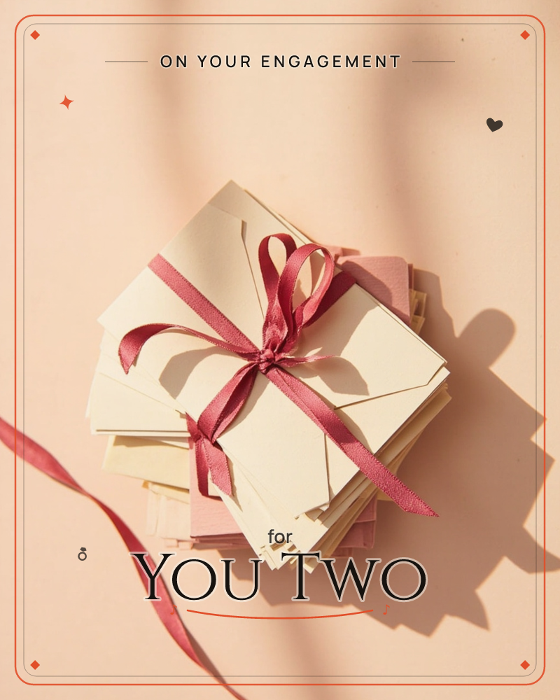 A bundle of cream envelopes is stacked and tied with a satin rose-pink ribbon in a neat bow, photographed on a blush surface under raking afternoon…, a engagement e-card design