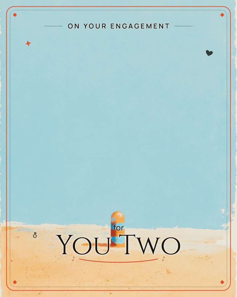 A single striped bollard-shaped post, banded in orange, blue, and rust, stands alone on a wide stretch of pale sand beneath an enormous flat sky, a engagement e-card design