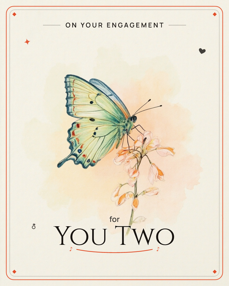 A pale green-and-blue butterfly rests with wings folded upright on a slender stem of small orange and cream blossoms, a engagement e-card design