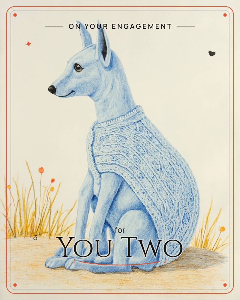 A slender blue-toned dog with tall pointed ears sits in profile, wrapped in a chunky cable-knit sweater, its bare legs and tail tucked against a sandy…, a engagement e-card design