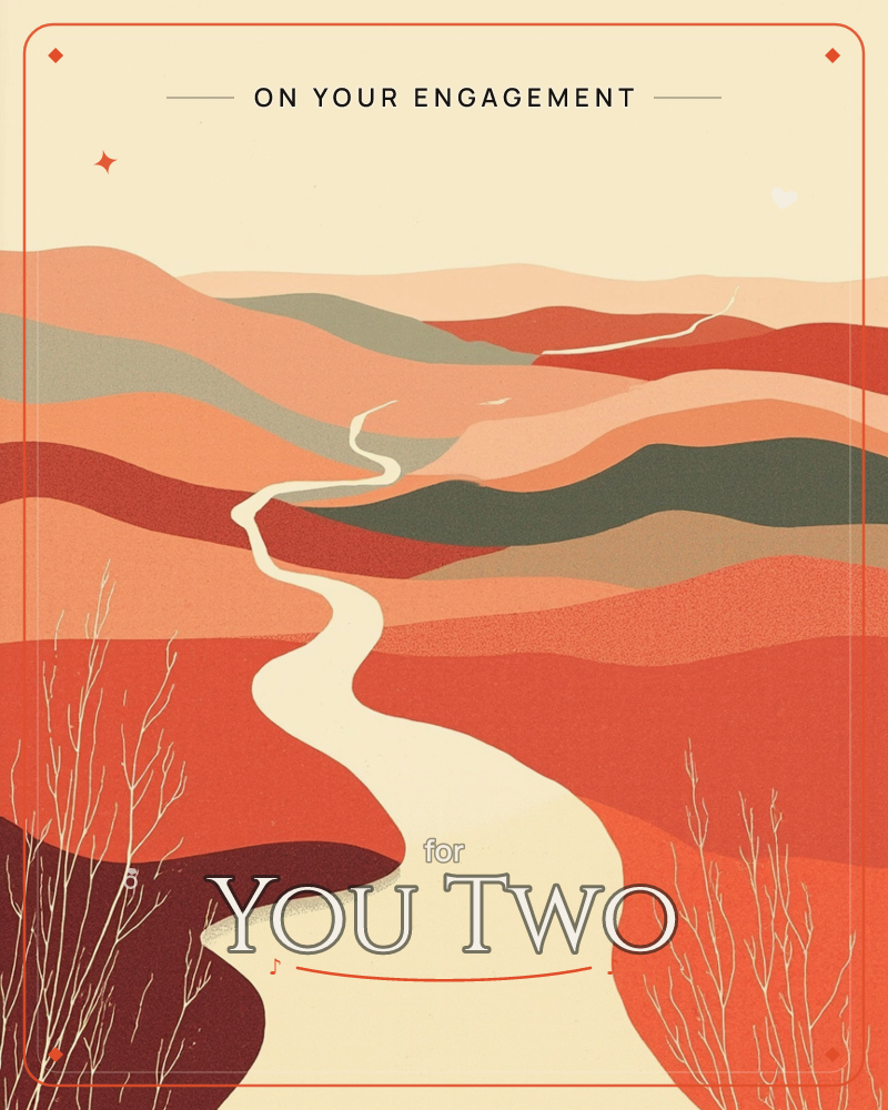 A pale winding path curves through layered desert hills rendered in deep rust, terracotta, and sage green, a engagement e-card design