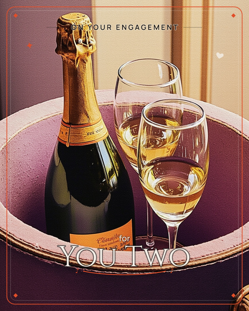A dark green champagne bottle rests in a mauve-pink ice bucket beside two filled champagne flutes, the gold foil and label catching a warm slant of light, a engagement e-card design