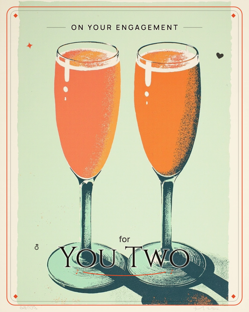 Two tall champagne flutes filled with a bright orange sparkling drink stand side by side against a soft sage-green background, rendered in a grainy…, a engagement e-card design
