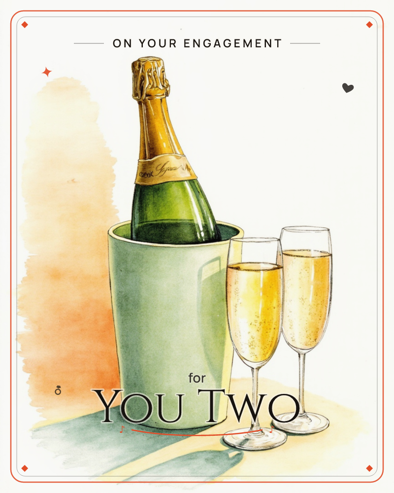 A green champagne bottle with a gold foil neck sits chilling in a pale mint ice bucket, flanked by two full flutes of sparkling wine, a engagement e-card design