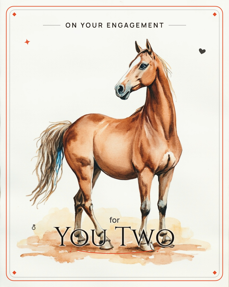 A single chestnut horse stands in profile against a bare white background, its head turned gently toward the viewer with a soft, alert eye, a engagement e-card design