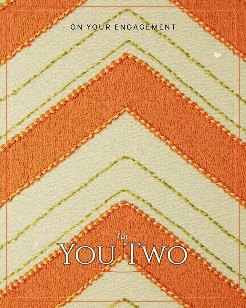 A close-up of embroidered fabric shows stacked chevron stripes in burnt orange on cream, each band edged with a hand-stitched line of olive-green thread, a engagement e-card design